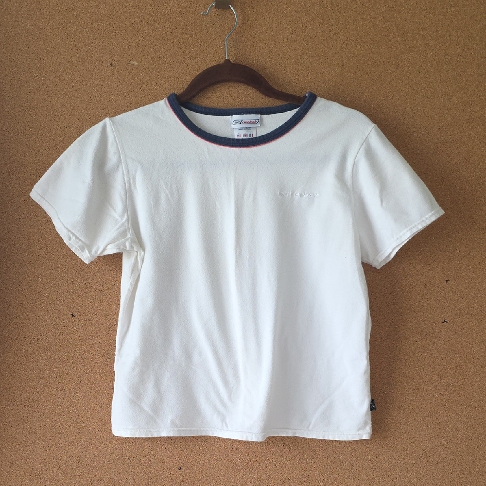 Reebok Y2K Cotton White Crop Top Crewneck Women’s L Blue Red Trim Athletic